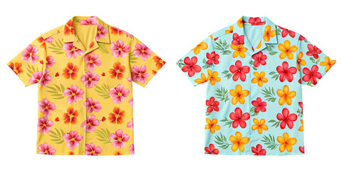 Two Different Style Floral Hawaiian Shirt Lies on White Background, Stylish Tropical Shirt, Casual Summer Outfit, PNG Transparent