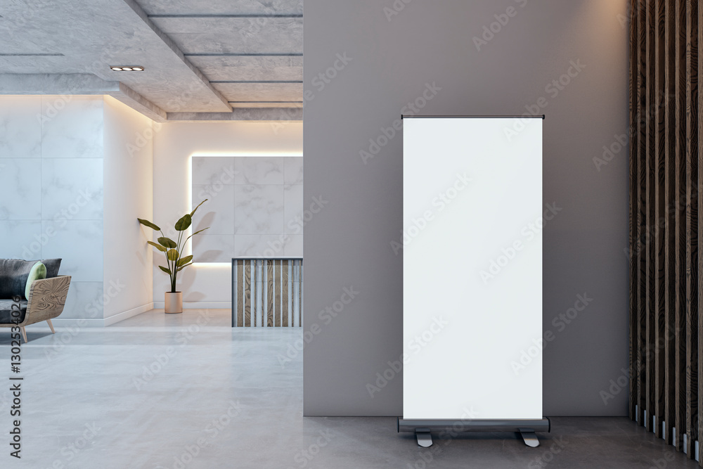 Poster blank roll-up banner mockup in modern office lobby interior. 3d rendering