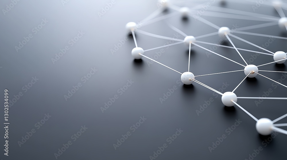 Poster abstract network connection, white spheres linked by lines on dark surface, technology concept.