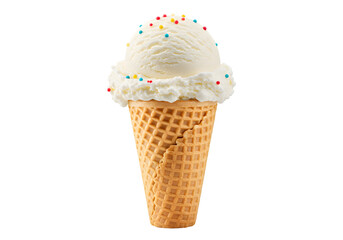 Classic Vanilla Ice Cream Cone with Colorful Sprinkles in a Crunchy Waffle Cone on a Clear Background