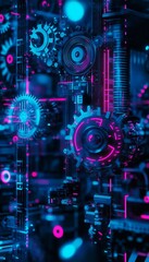 Obraz premium Futuristic tech ecosystem visualization startups as cogs in a neon lit digital machine