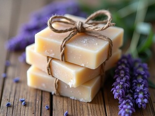 Artisanal Handcrafted  Natural Soap Collection with Fresh Herbs on Rustic  Surface A Botanical Spa Still Life