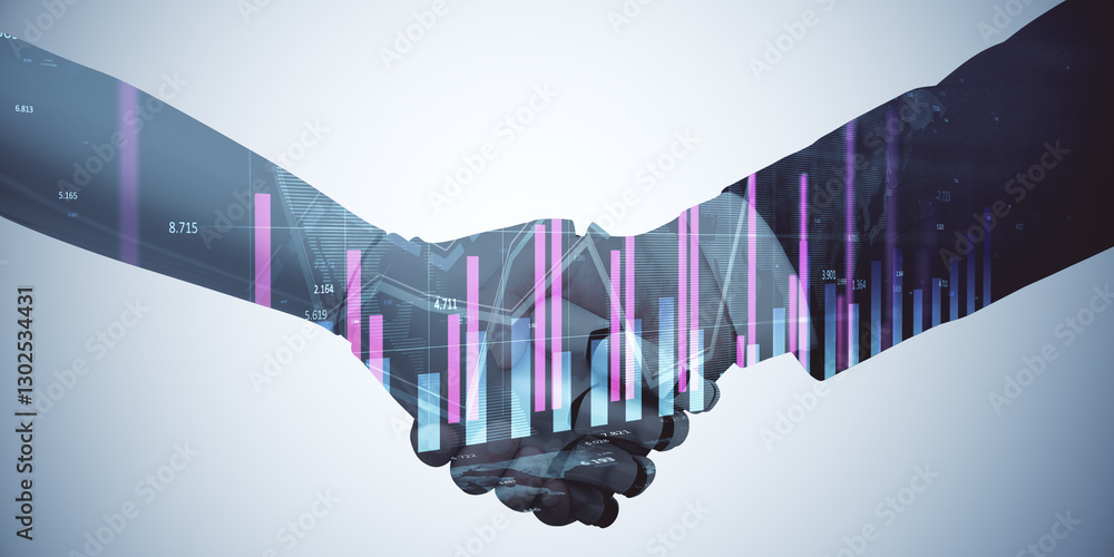 Poster business handshake with financial graph overlay on a light background.