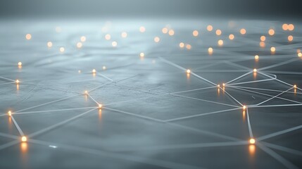 Abstract network grid with glowing nodes, symbolizing digital communication and connectivity, on a grey background.