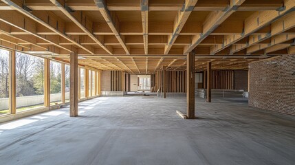 A new school under construction, brick walls partially built and wooden beams exposed.