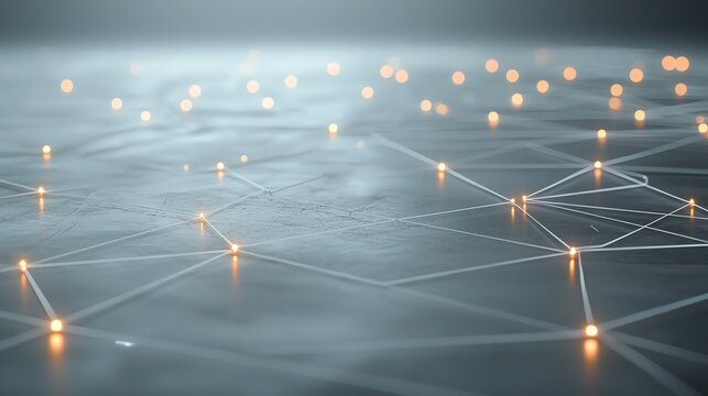 Abstract network grid with glowing nodes, symbolizing digital communication and connectivity, on a grey background.