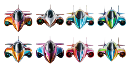 Colorful Futuristic Aircraft Collection with Varied Designs and Shades, PNG bundle collection, Isolated on Transparent Background