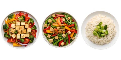 Three Different Style Vegetable Stir Fry with Tofu, Healthy Vegetable Stir Fry with Tofu, Vegan Stir Fry Dish, PNG Transparent