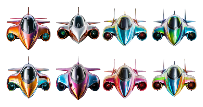 Colorful Futuristic Aircraft Collection with Varied Designs and Shades, PNG bundle collection, Isolated on Transparent Background