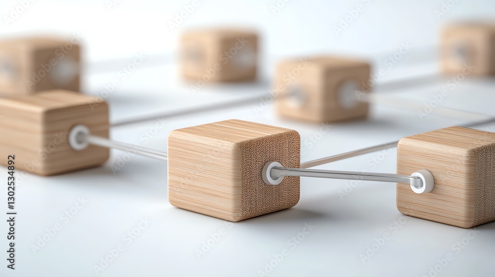 Poster abstract network with wooden blocks connected by strings, symbolizing digital connectivity and block