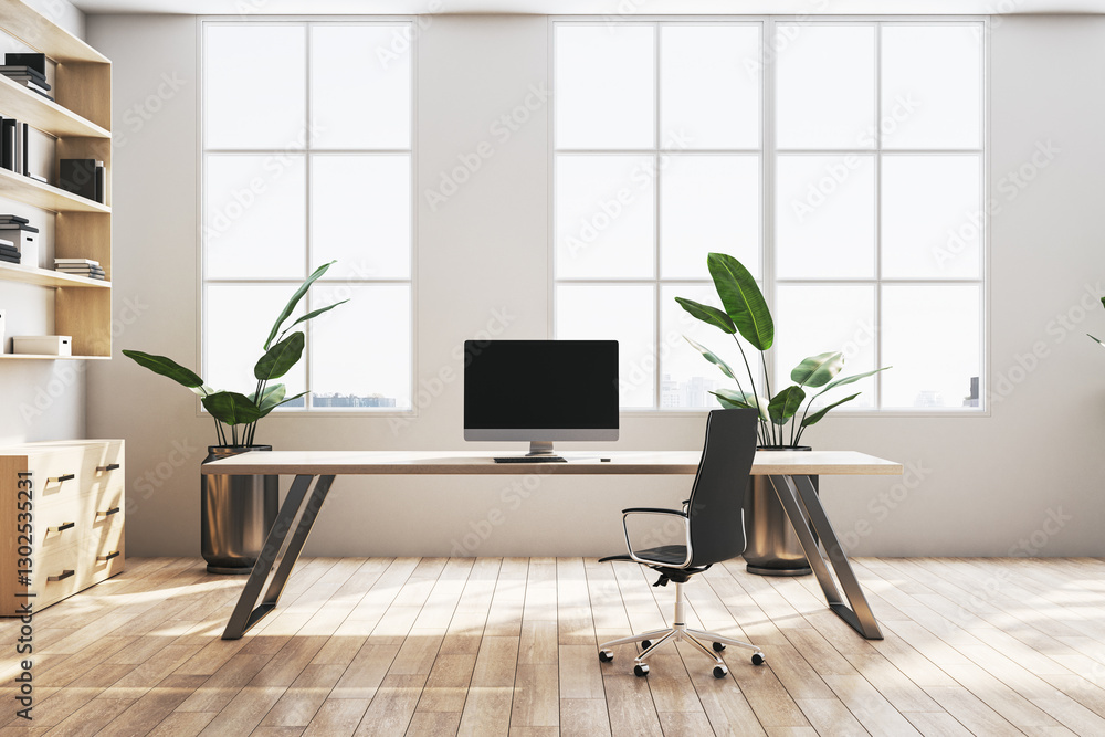 Poster Modern office workspace with large windows and plants. 3D Rendering