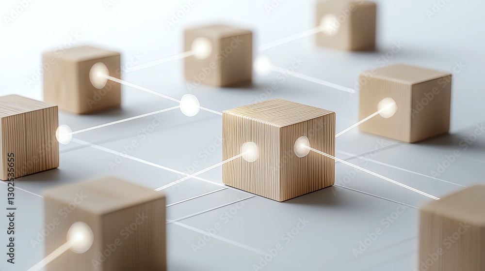 Poster abstract wooden blocks connected by luminous lines, representing network and digital communication c