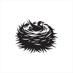 Bird's nest black and white vector illustration of a black cat
