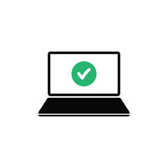 green check mark in black laptop. simple flat style trend modern ui logo graphic art design isolated on white background. concept of okay system update
