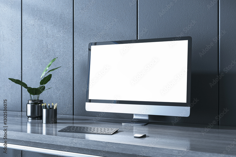 Poster Modern office workspace with computer screen and plant. 3D Rendering