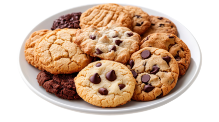 A plate of assorted cookies including peanut butter, chocolate chip, and shortbread, isolated on a transparent background, with each cookie showing its unique shape and texture