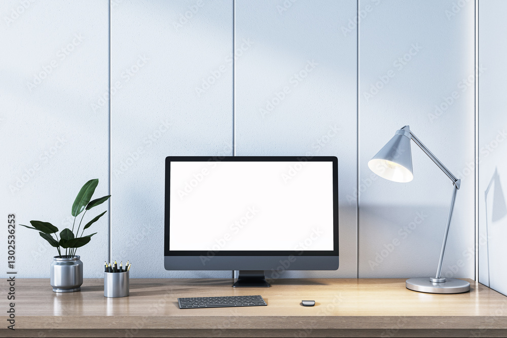 Poster Modern Office Desk Setup with Computer Screen and Lamp. 3D Rendering