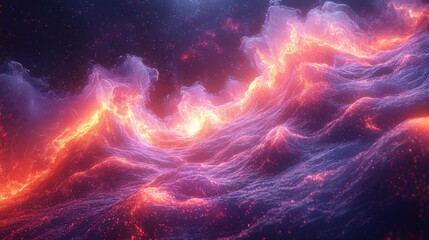 Abstract fiery nebula landscape with glowing waves and particles.