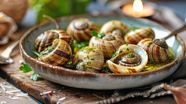 close-up of a dish of snails and greens. Selective focus