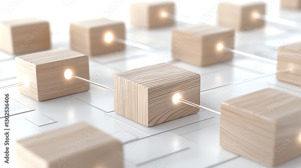 Aufkleber abstract wooden blocks with glowing connections, representing digital networks and modern technology