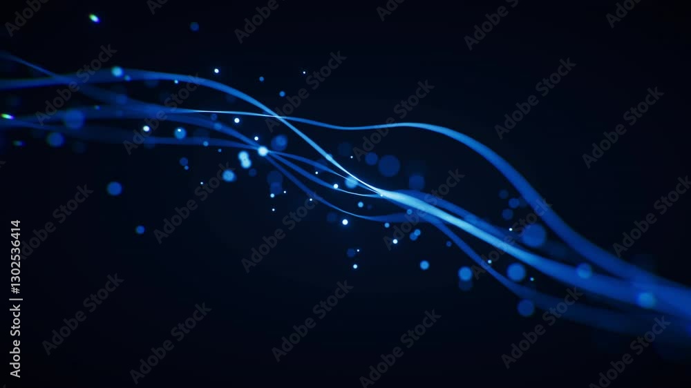 Poster abstract glowing wave lines and shiny particles, 3d rendering.