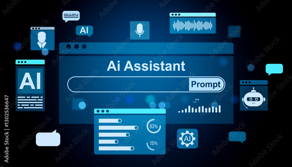 Poster Ai Assistant interface with various icons and data visualizations. 3D Rendering