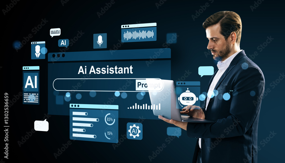 Poster businessman using ai assistant on laptop interface.