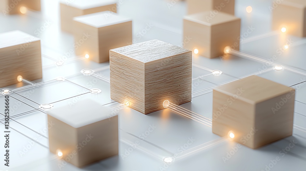 Aufkleber abstract wooden blocks with lights symbolize a digital network or data communication concept.