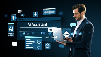 Businessman using AI Assistant on laptop interface.