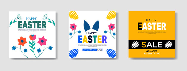 Happy Easter sale banner set. suitable for placard, background,Greeting Card, Poster trendy design template 
with text inscription, standard Social Media Post.