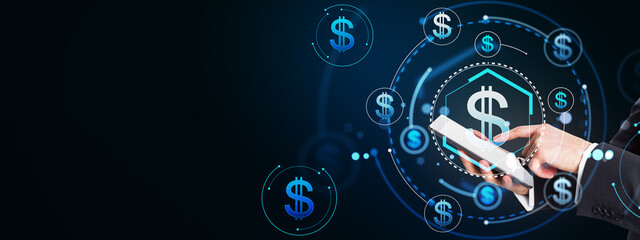 Digital finance concept with dollar icons on a tablet.