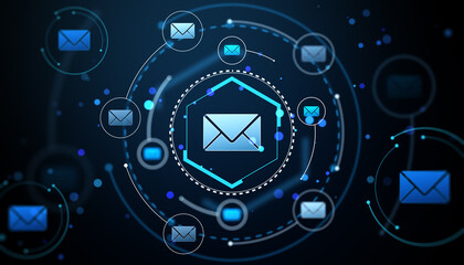 Digital email icons in a futuristic network design. 3D Rendering