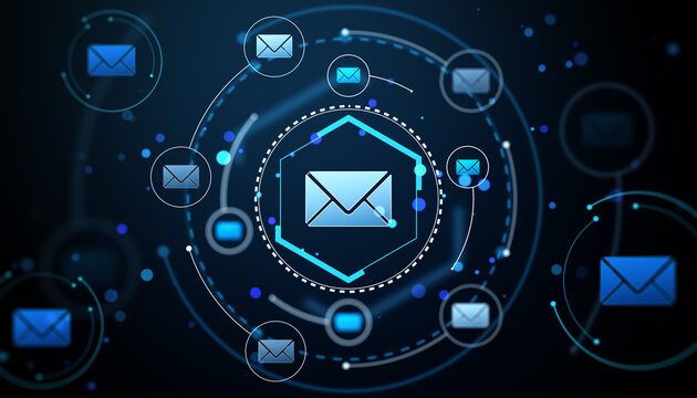 Digital email icons in a futuristic network design. 3D Rendering