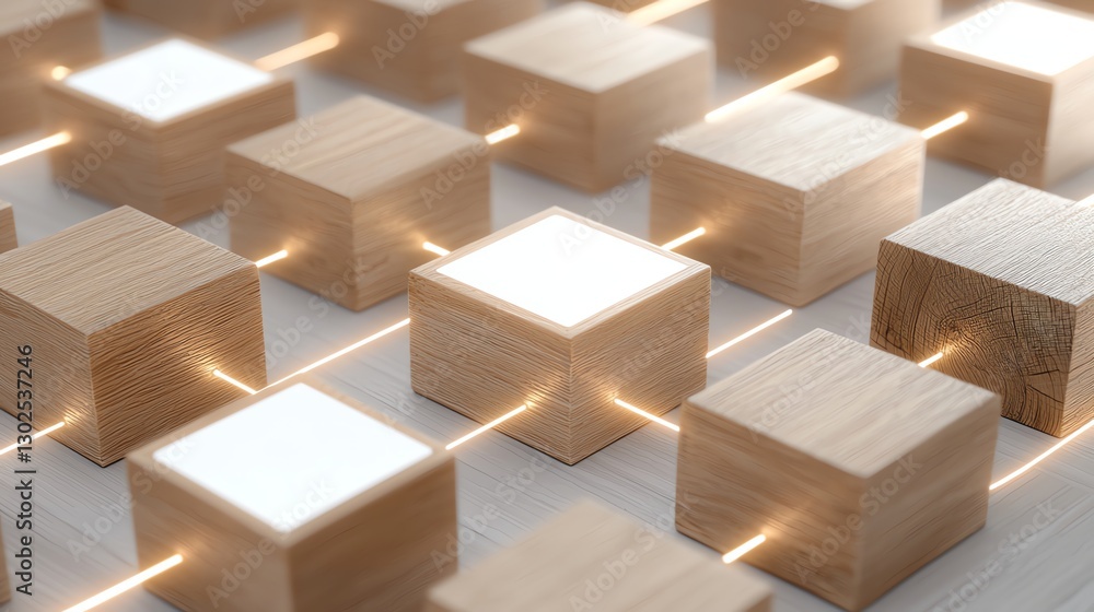 Poster a grid of glowing wooden cubes interconnected, symbolizing modern technology and digital networking.