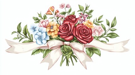 Fototapeta premium Colorful Floral Arrangement with Red Roses and Delicate Leaves