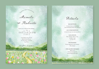 Floral Meadow Watercolor Background Wedding Invitation