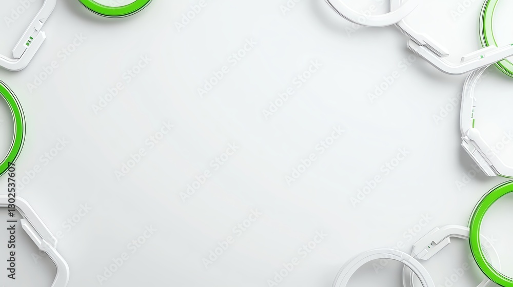Poster circular green and white objects arranged symmetrically on a minimalist white background.
