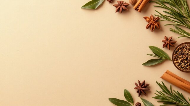 Assorted spices and herbs arranged artistically on a neutral background for culinary design
