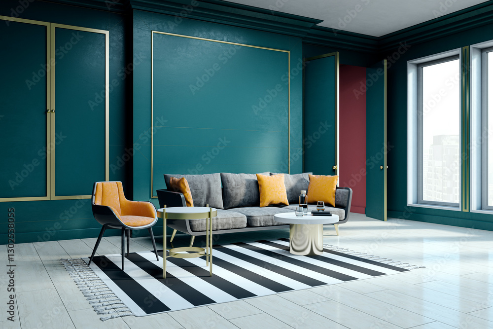 Poster modern waiting area with stylish sofa, armchair, and decorative tables in an elegant interior. 3d re