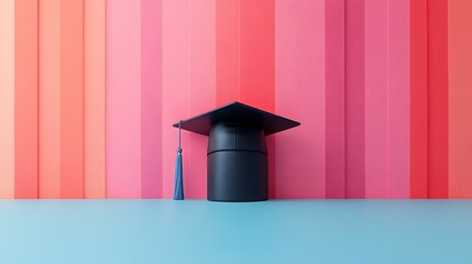 Black graduation cap with tassel on a white background, isolated on a pastel background 