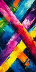 Captivating abstract painting features vibrant rainbow hues, with bold stripes intersecting each other in an energetic and dynamic pattern that draws the eye in