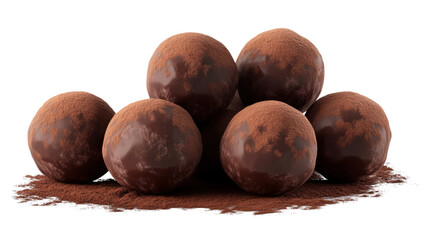 Obraz premium A pile of chocolate truffles with a shiny coating and a dusting of cocoa powder, isolated on a transparent background, showcasing their decadent and indulgent appearance.