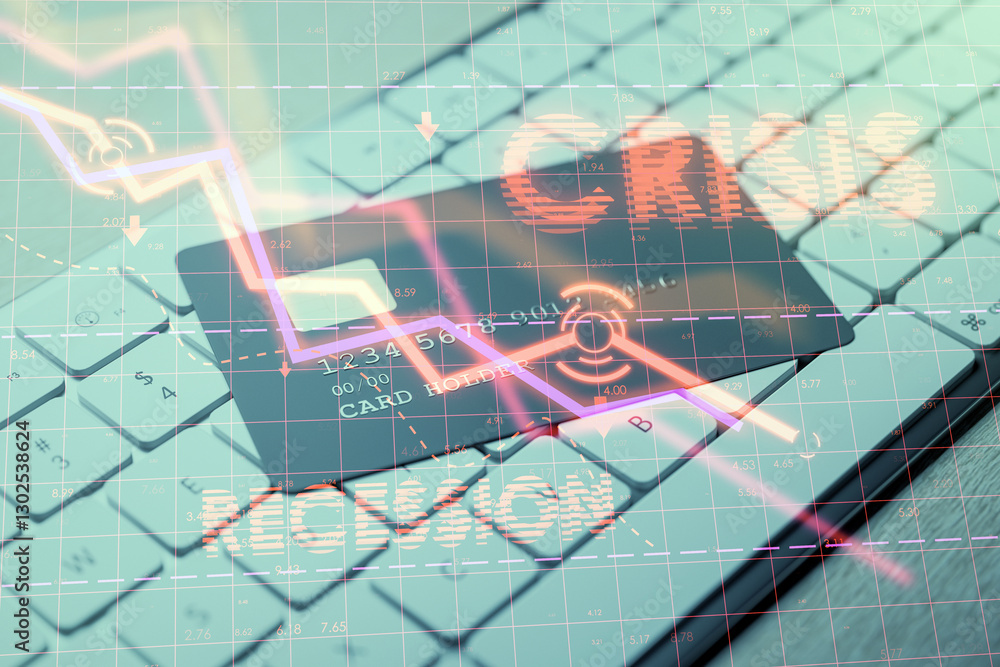 Aufkleber credit card on keyboard with crisis and recession graph overlay.