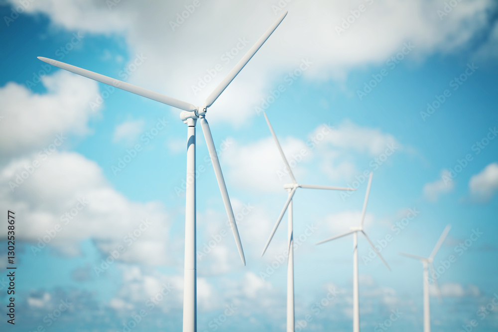 Poster wind turbines generating renewable energy against a bright blue sky with scattered clouds.