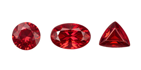 Fototapeta premium Three Different Style Red Gem Stones on White, Sparkling Red Gemstones, Beautiful Ruby Gems on White Background, PNG Transparent