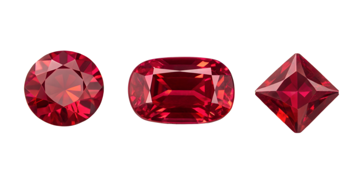 Three Different Style Red Gem Stones on White, Sparkling Ruby Gems, Beautiful Red Gemstone Collection, PNG Transparent