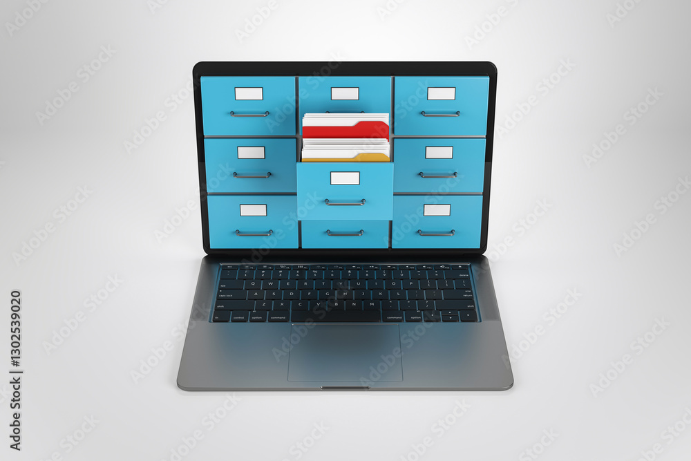 Aufkleber Laptop with file drawers representing online data storage concept. 3D Rendering