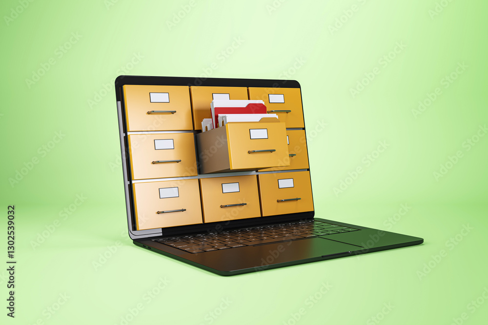 Aufkleber Laptop with file drawers concept. 3D Rendering