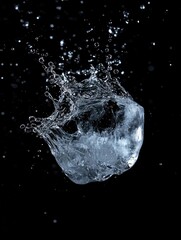 Frozen collision, An ice cube's dynamic splash against a dark backdrop