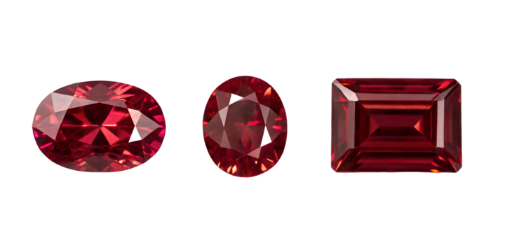 Three Different Style Red Gem Stones on White, Stunning Red Gemstones, Luxurious Ruby Stones on White Surface, PNG Transparent